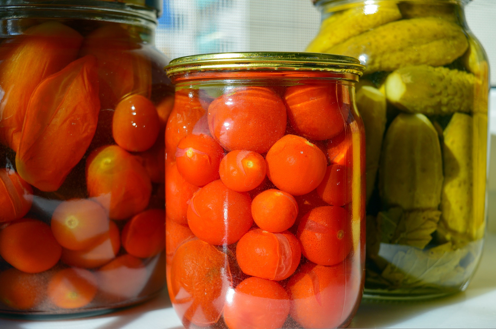 Tomatoes and other vegetables in glass jars