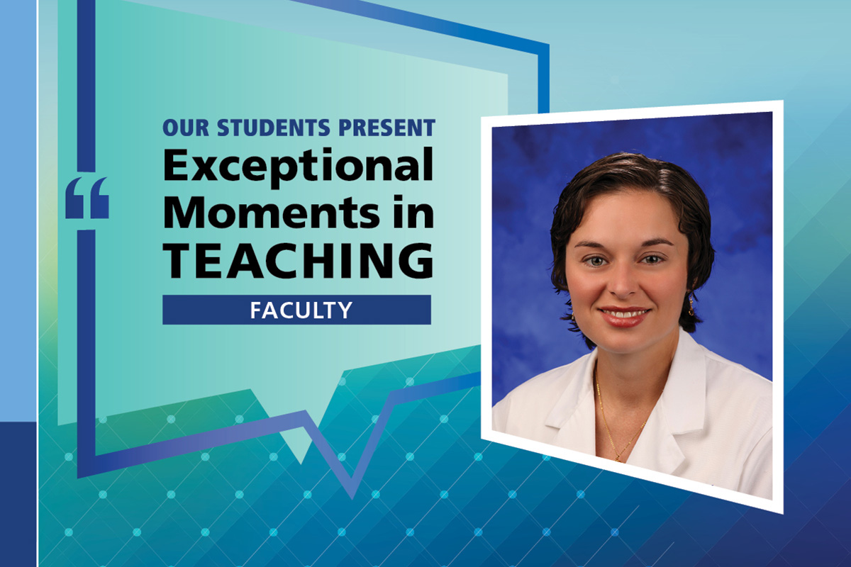 A professional headshot of Dr. Abigail Myers alongside a graphic reading "Our students present Exceptional Moments in Teaching: Faculty"