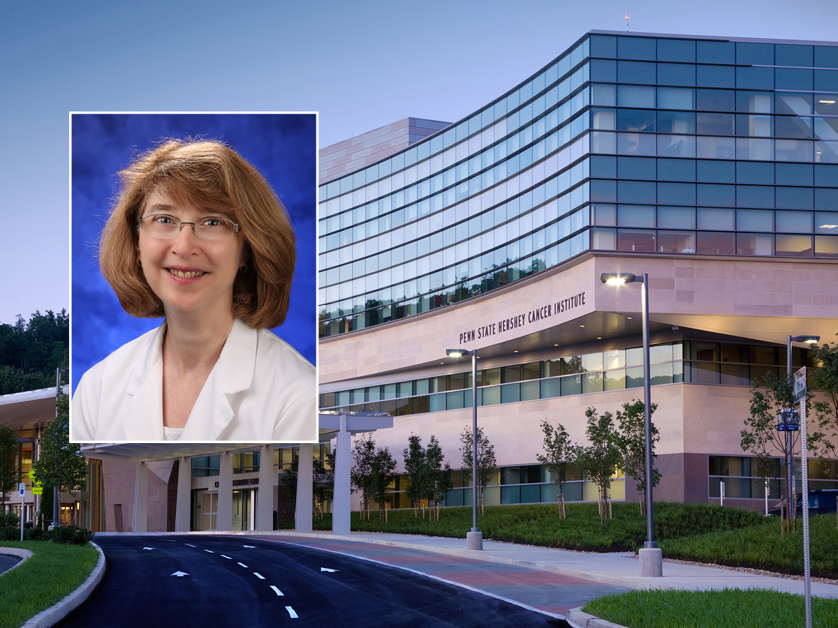 A head shoulders professional portrait of Gail Matters against a background image of Penn State Cancer Institute. 