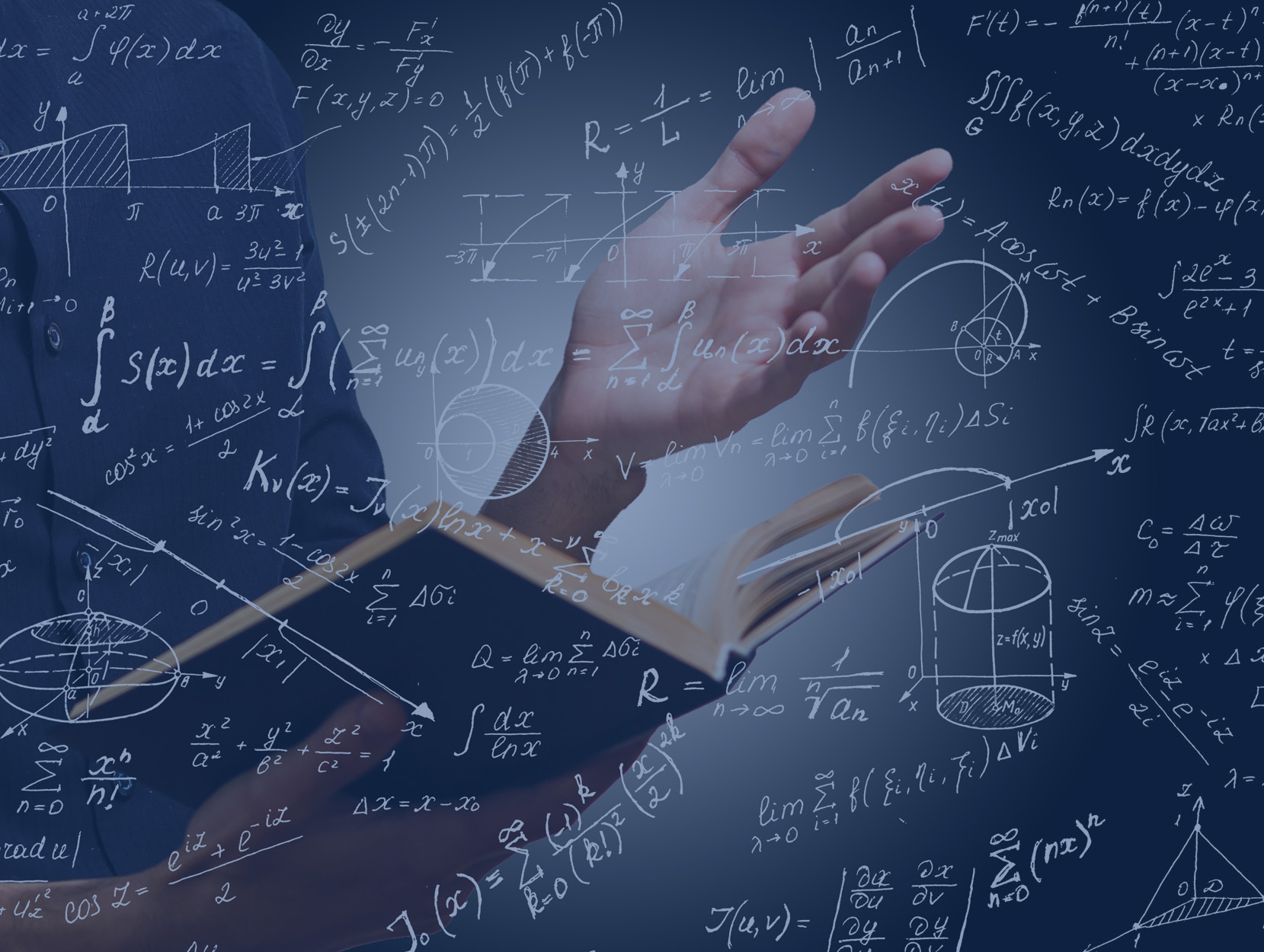 Math equations overlaying a picture of hands holding a book