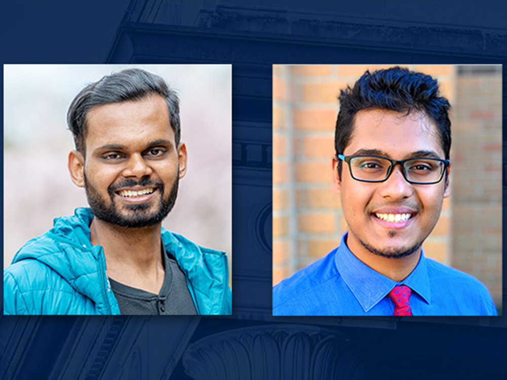 Two portraits of people smilling side-by-side on a blue background. 