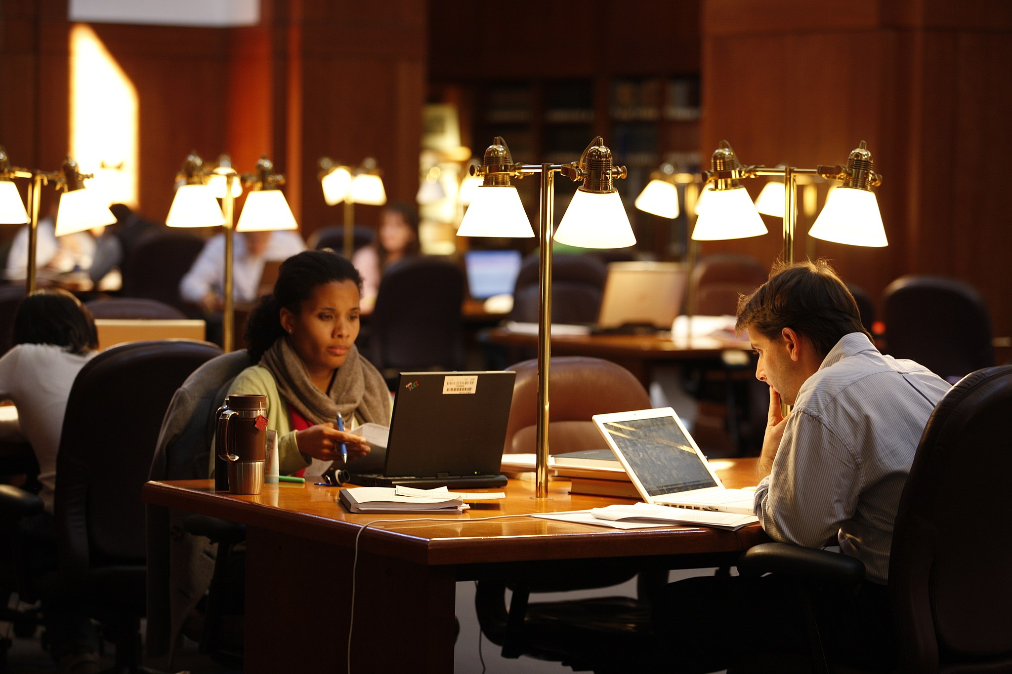 Two people working at laptops in a large, elegant library room