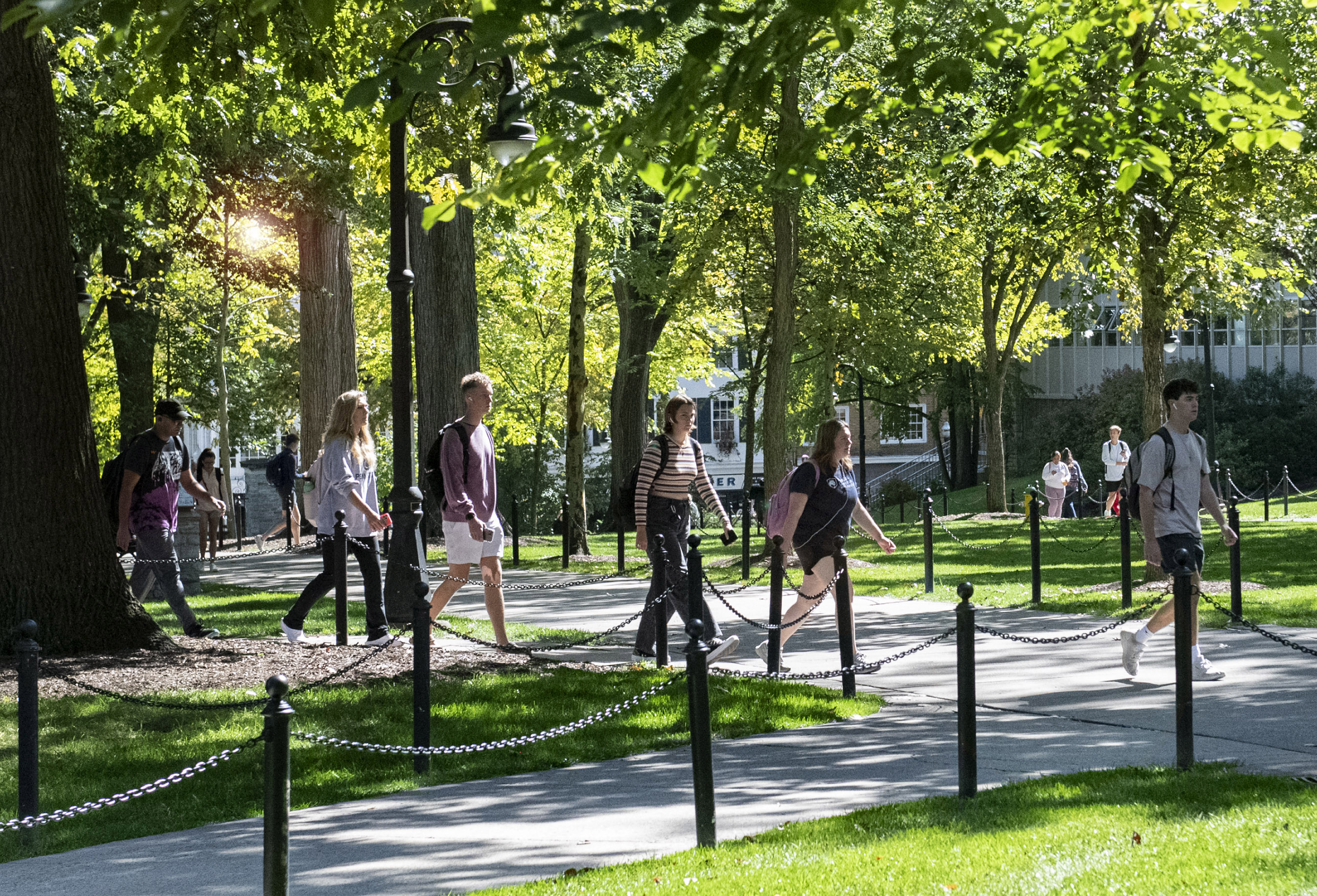 Students walking on campus on a sunny day.