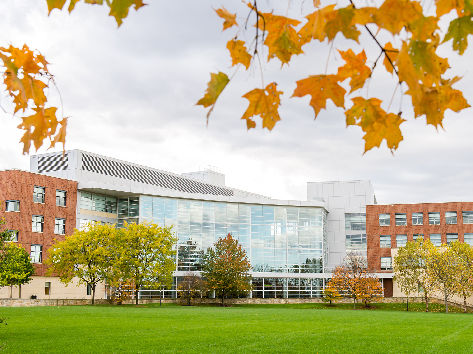 A photo of the Business Building in the fall, with leaves on trees turning.