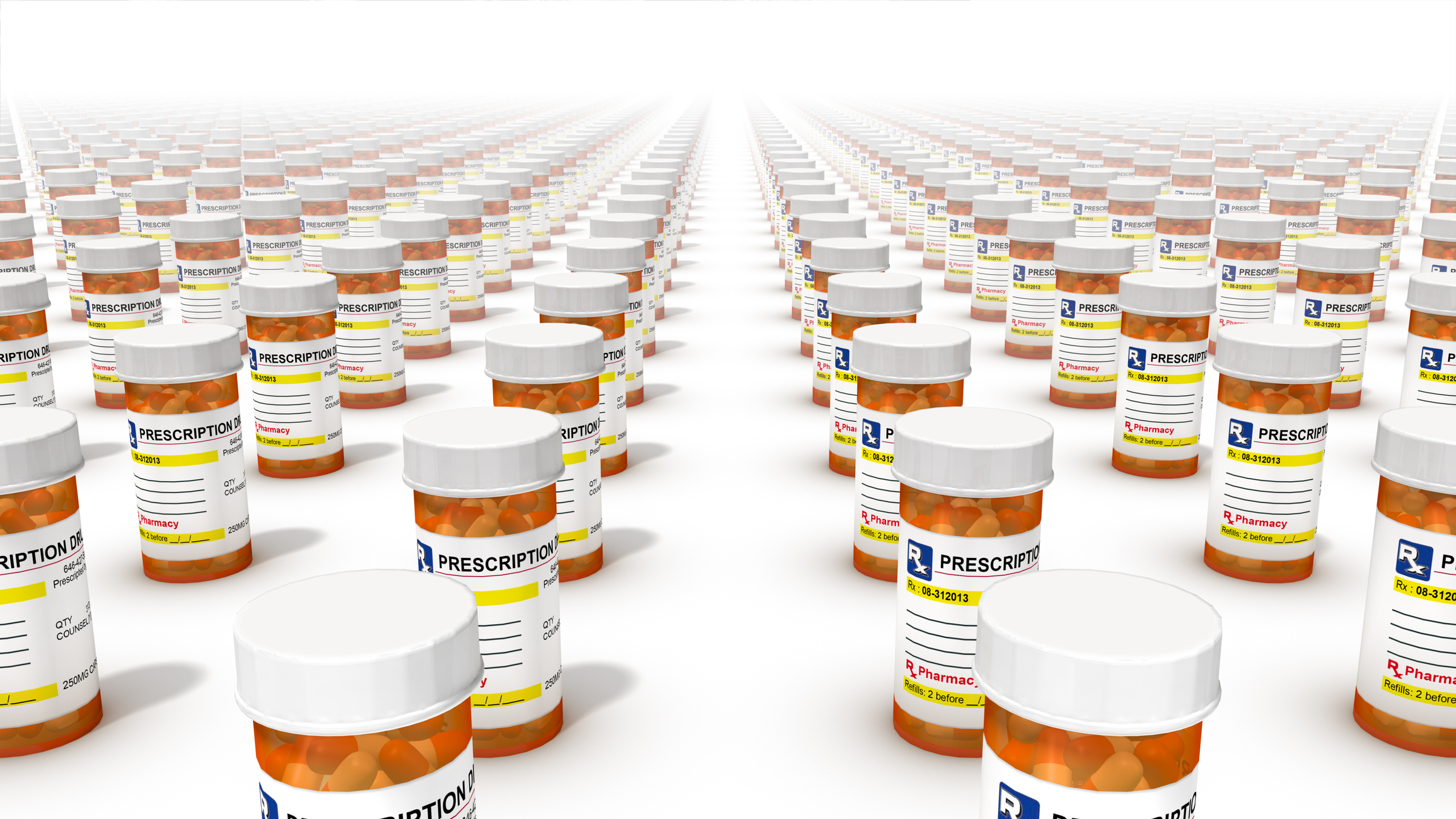 seemingly endless rows of prescription pill bottles