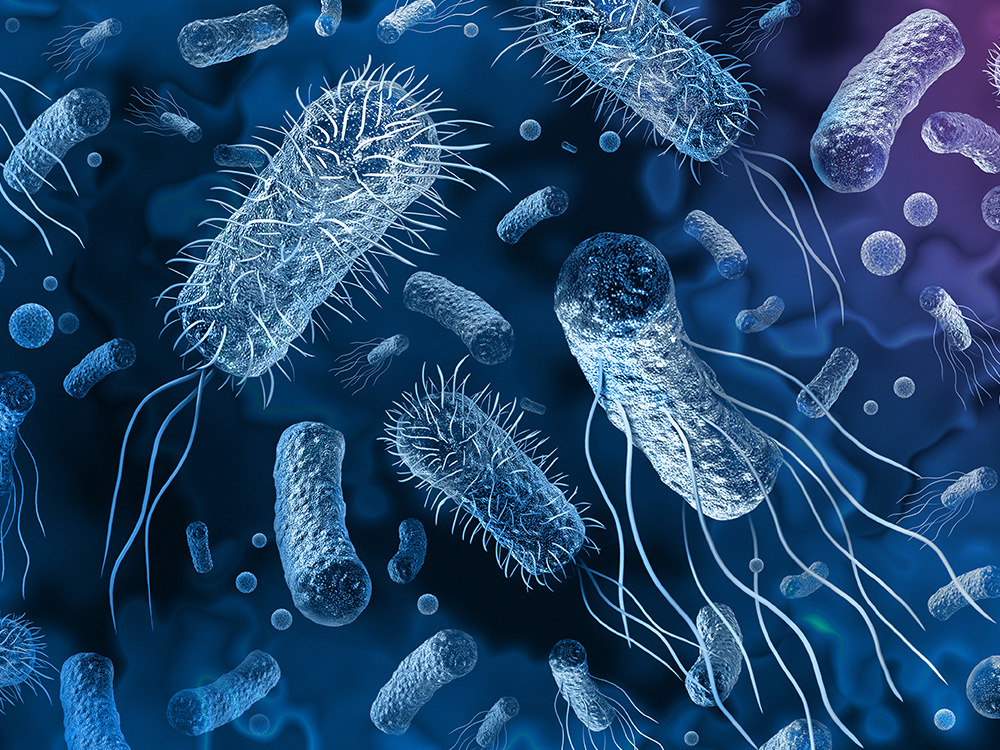 A blue and purple illustration of bacteria and antibiotics.   