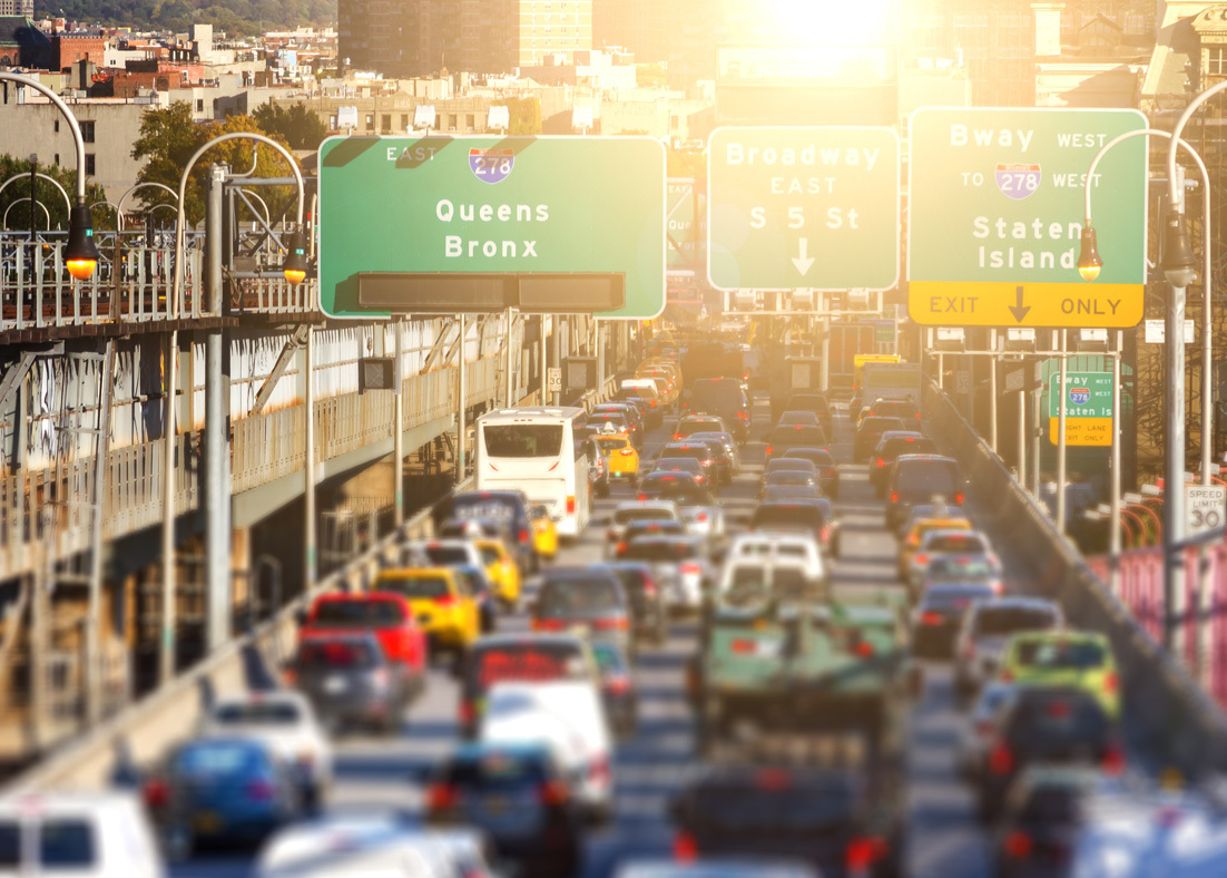 Traffic lined up going into New York City. 