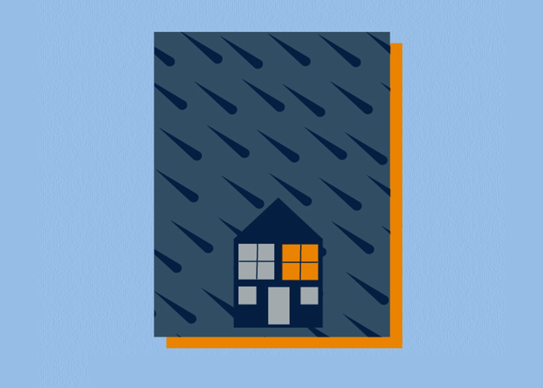 A graphic showing a house in the rain at night with the light in one window on. 