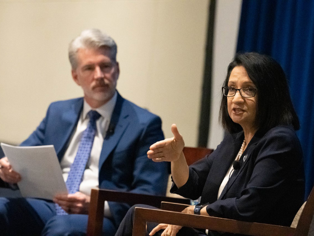 Penn State President Neeli Bendapudi and CBICC President and CEO Greg Scott