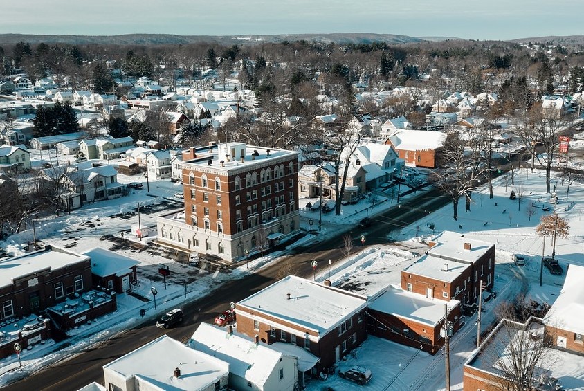 An aerial view of downtown Corry, including the Corry Higher Education Council building.