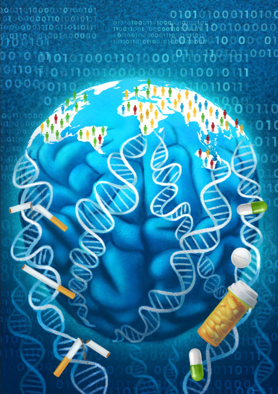 A decorative image shows a globe that up close is actually a brain with people standing on different continents in the northern hemisphere. The southern hemisphere of the brain shows multiple strands of DNA and cigarettes and various drugs, pills and a prescription bottle full of pills. In the background of the image are sequences of zeroes and ones. 