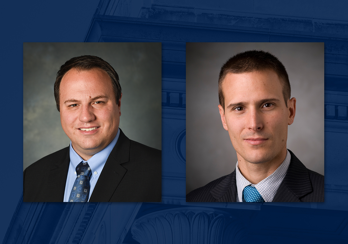 Two  headshots of individuals on a dark background.