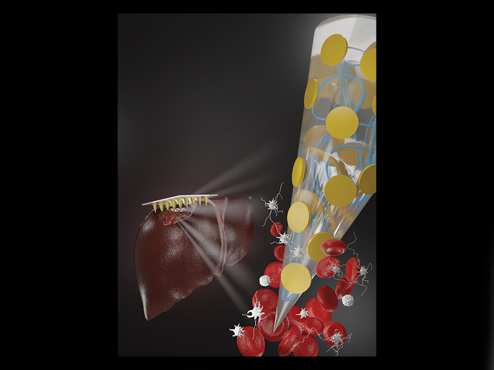 Graphic of microneedle patch repairing bleeding liver.