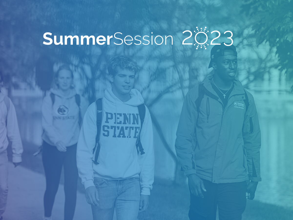 A group of students walking across campus / "SummerSession 2023"