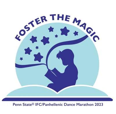 graphic of child reading on blue background with dark blue stars above the words Foster the Magic