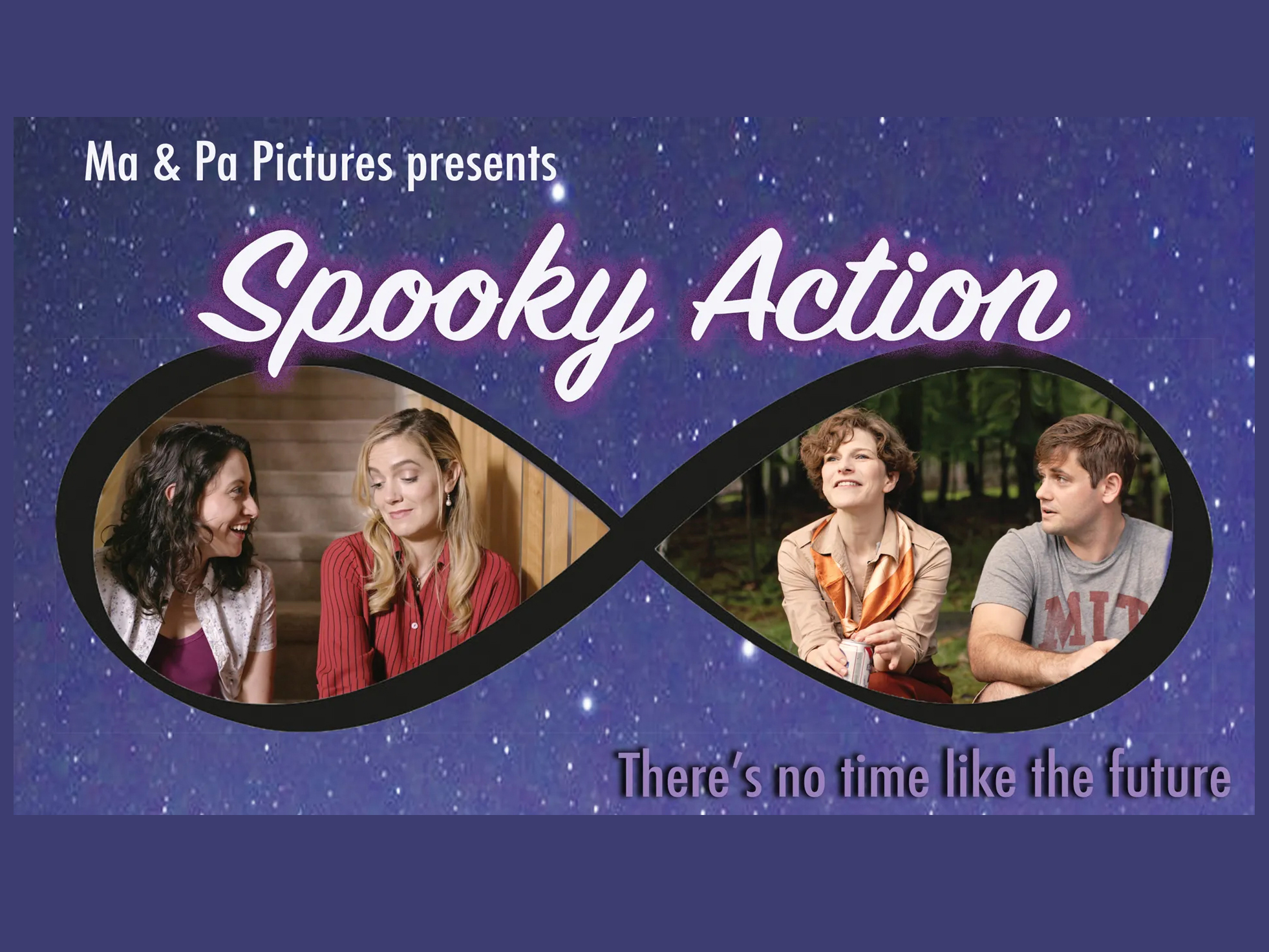 Poster for 'Spooky Action' film showing an infinity symbol with two people inside each circle