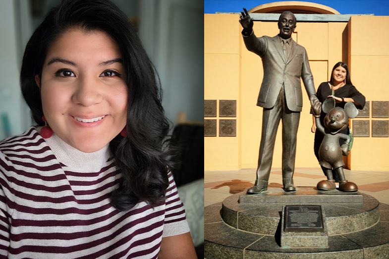 Side by side photos of young woman with dark hair, the left is a head shot and on the right she poses with a Walt Disney statue