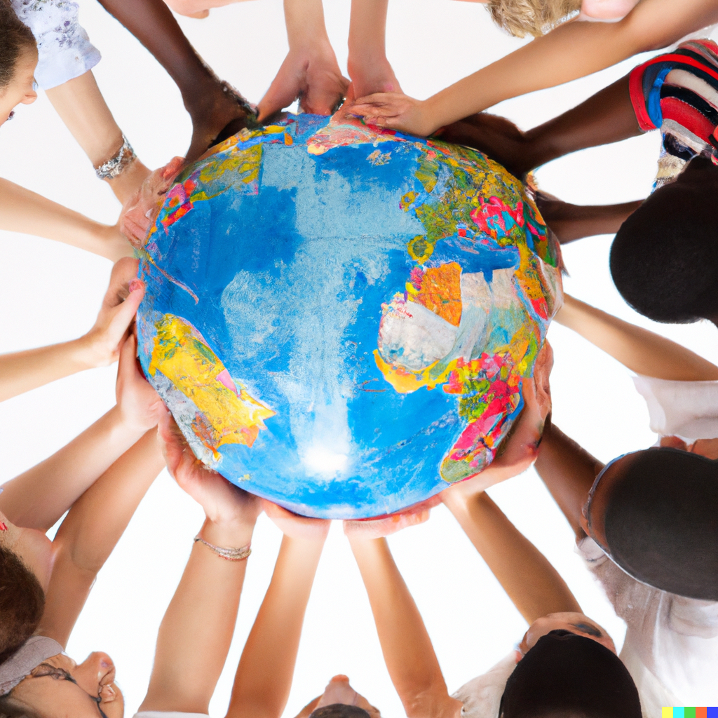 Diverse group of people holding a globe