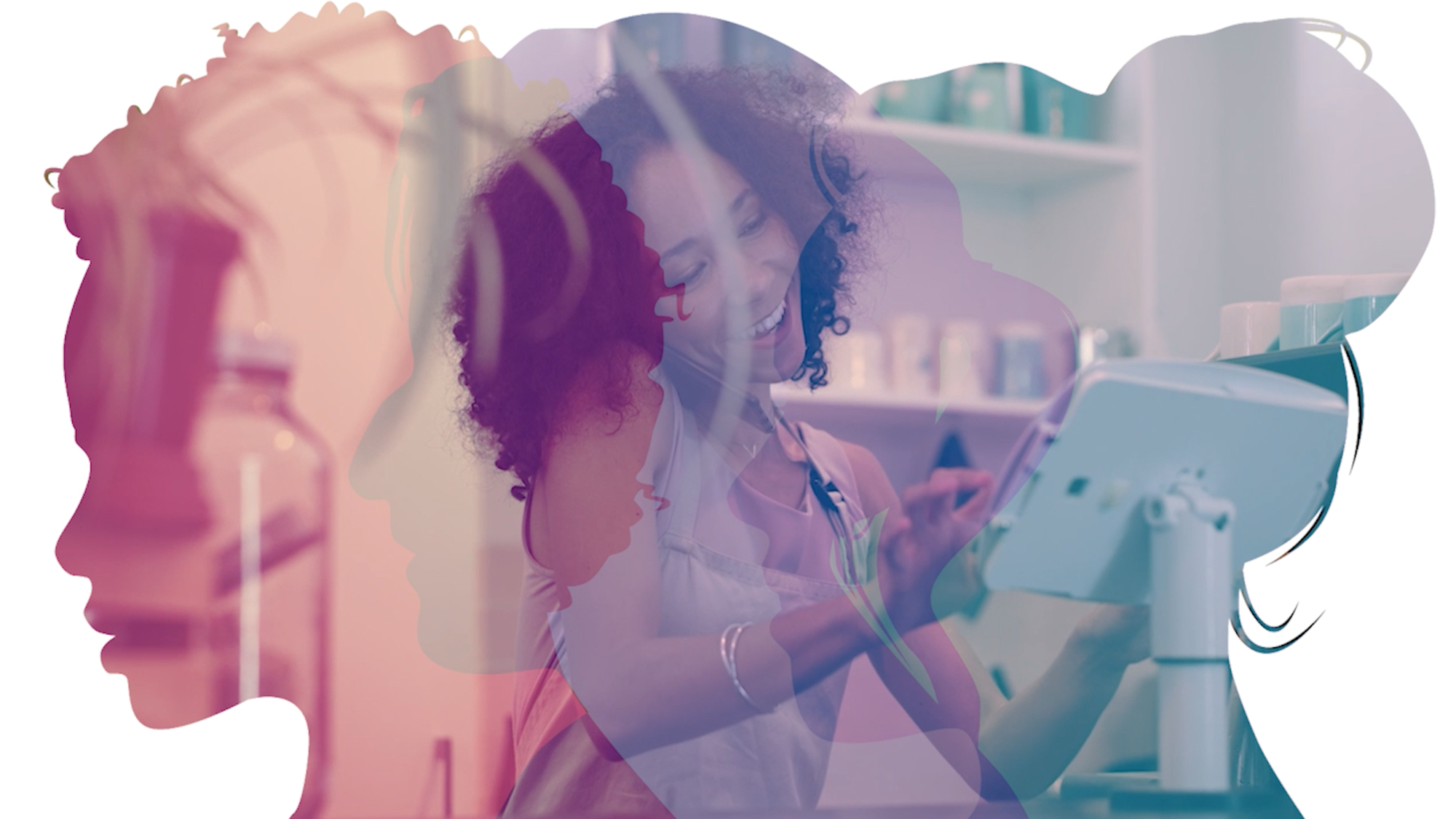 A Black woman smiling while operating a business inside a silhouette of women's heads.