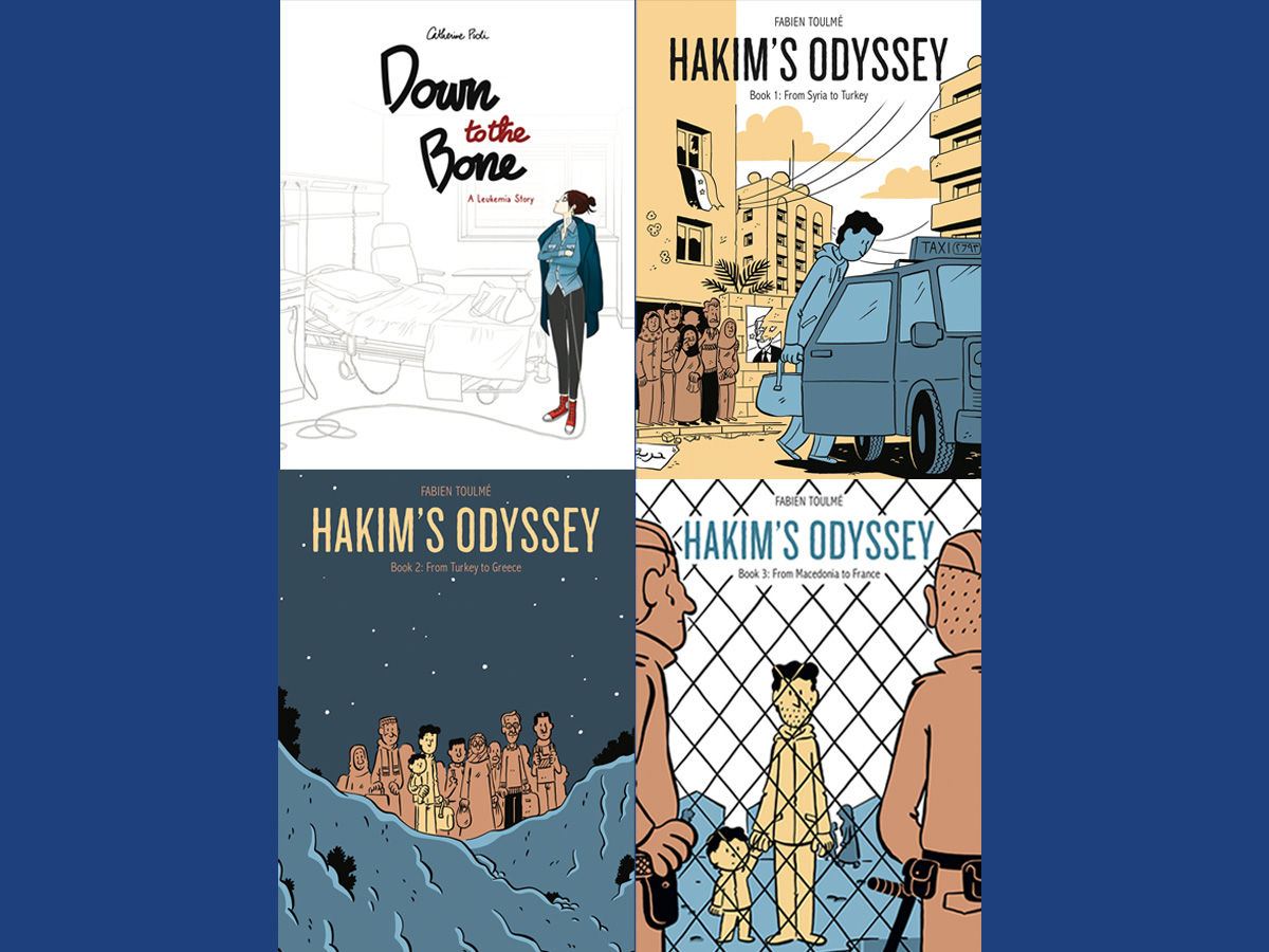 Covers for the graphic novels "Down to the Bone: A Leukemia Story" and "Hakim's Odyssey."