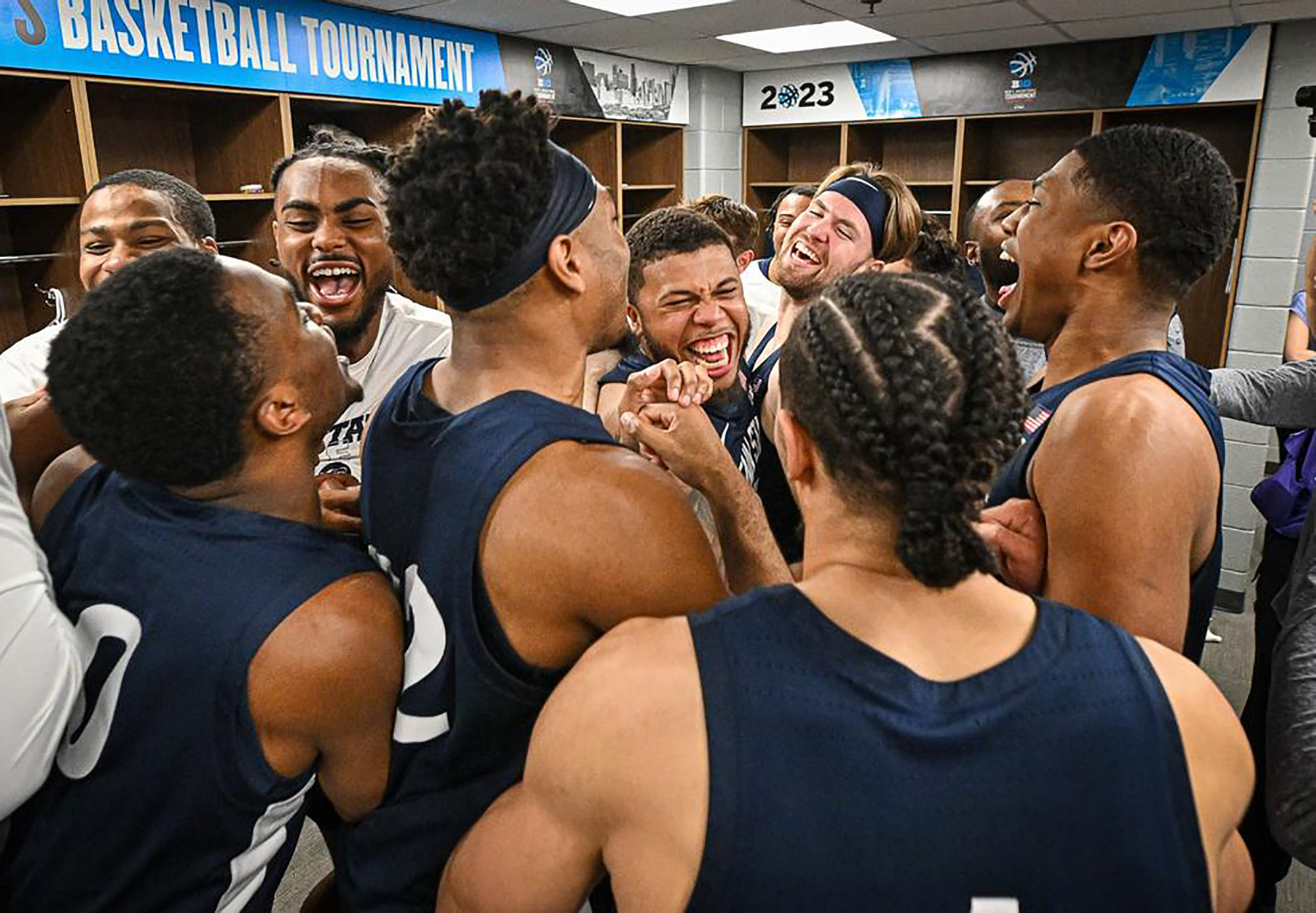 Players celebrate in locker room