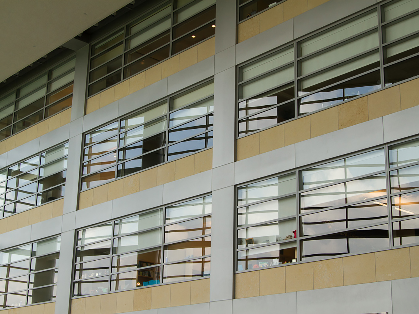 Photos of interior windows in the Business Building atrium