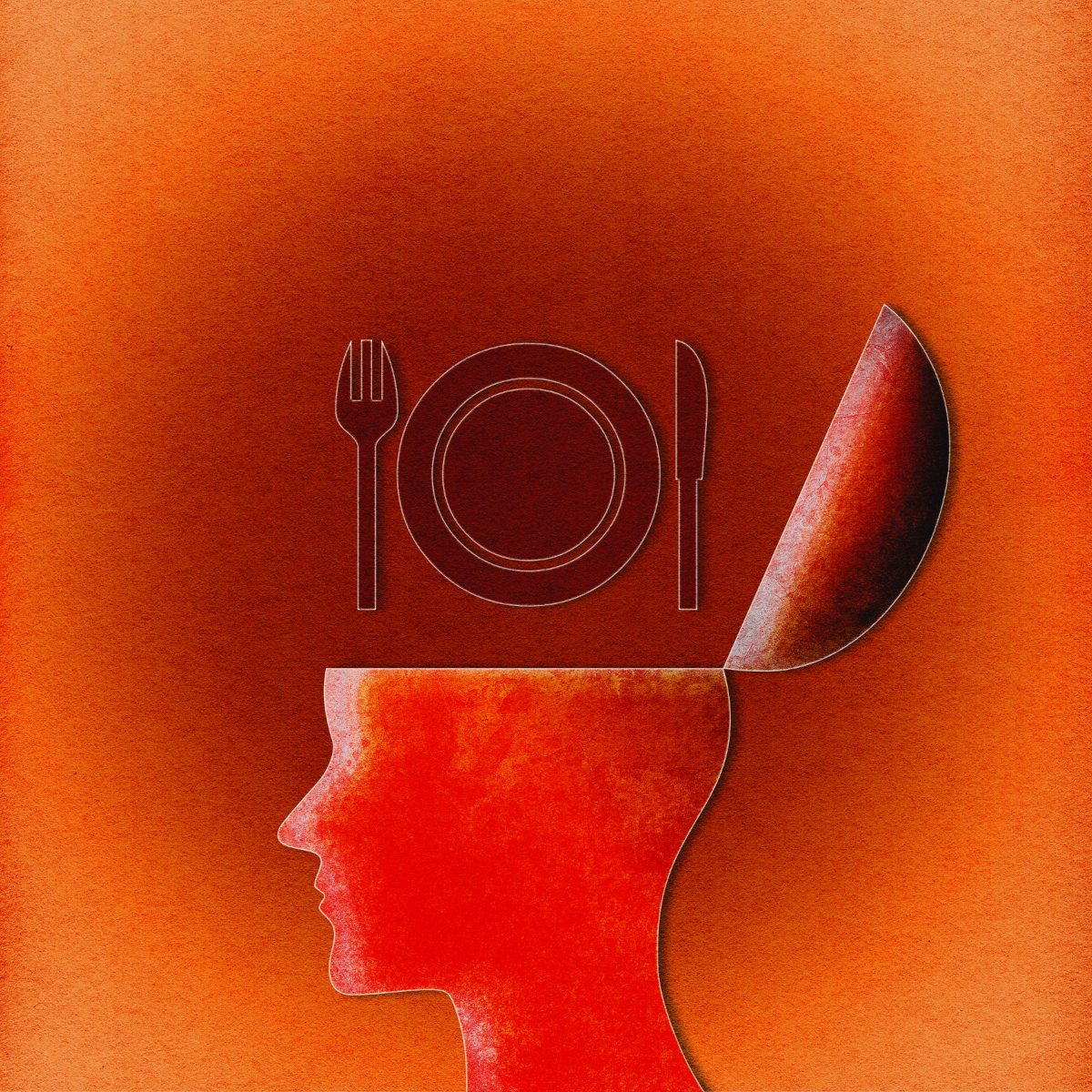 Side view open head illustration with knife, fork and plate.