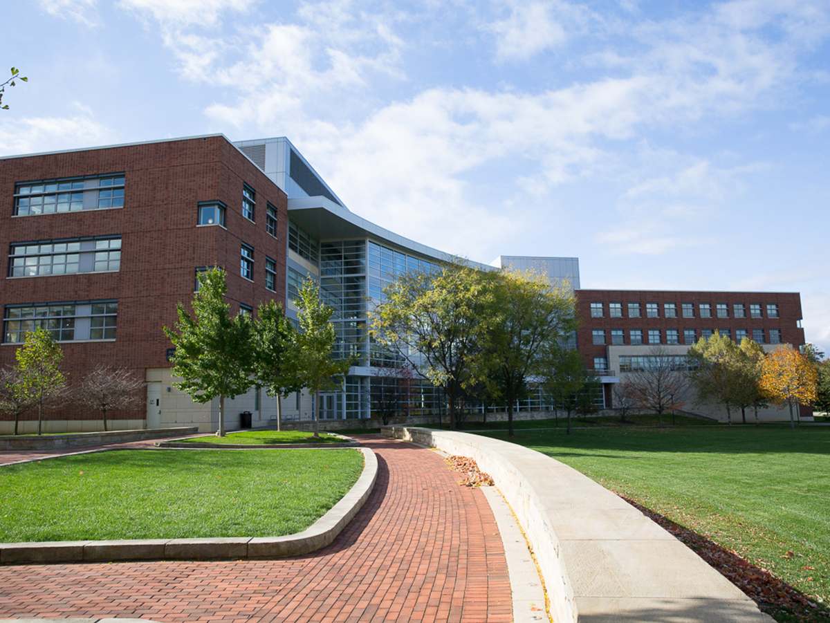 A photo of the Business Building in summer from the perspective of the Forestry Building