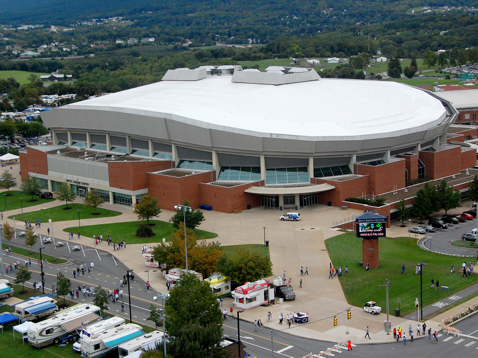 An aerial view of the Bryce Jordan Center