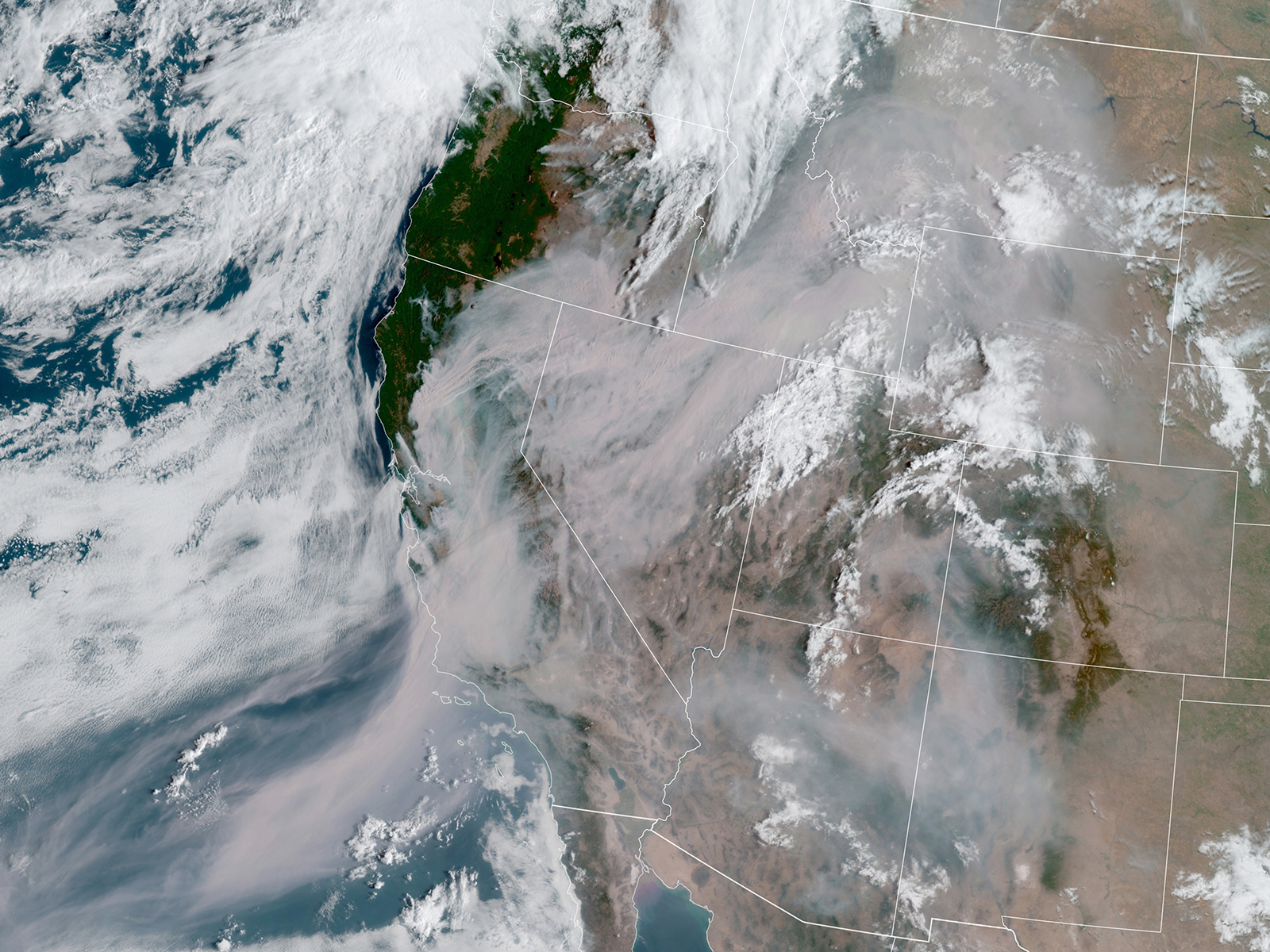 An August 2020 satellite image from the National Oceanic and Atmospheric Administration (NOAA) captured an image of wildfire smoke covering a portion of the west coast.