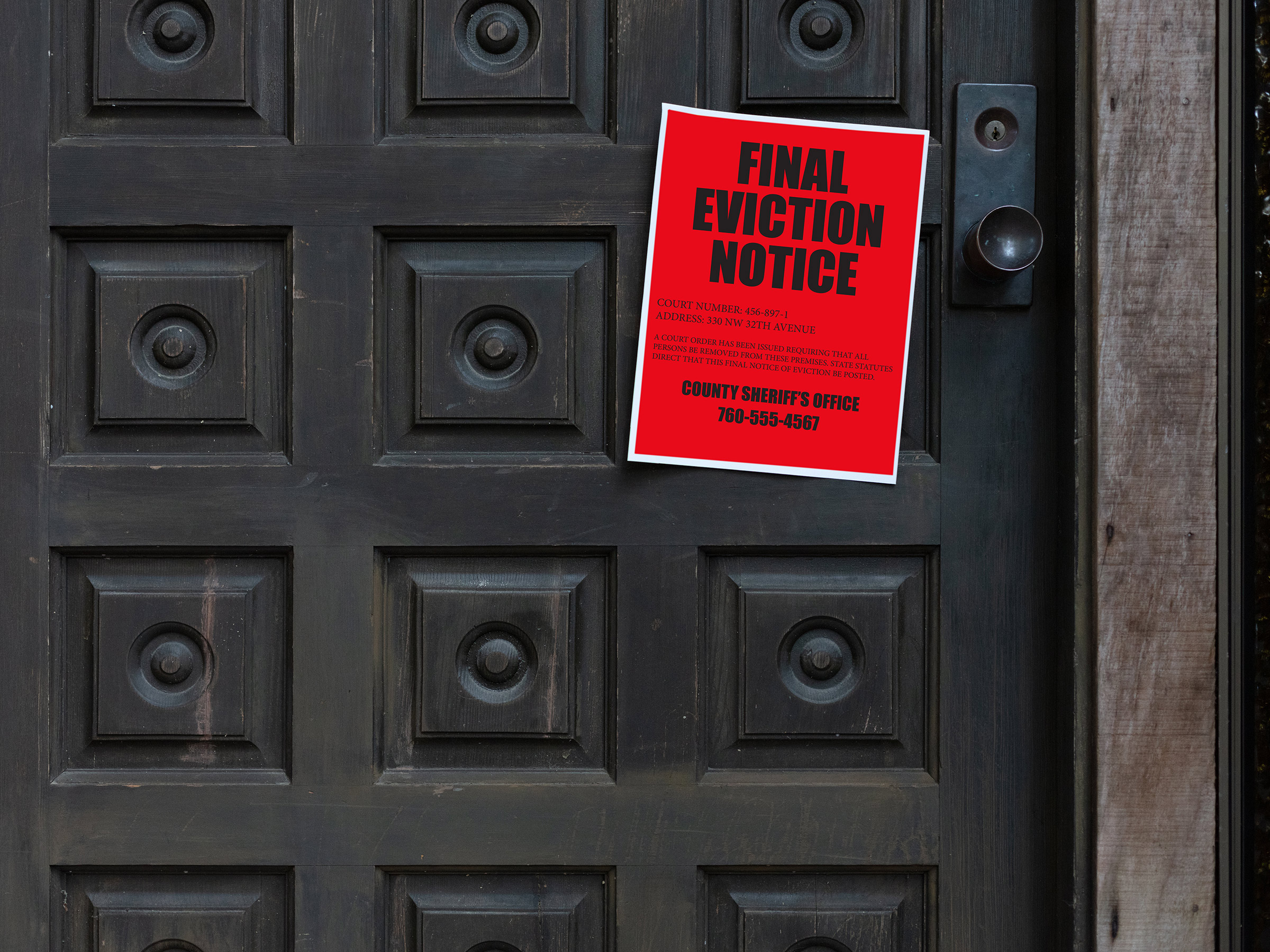 A black wooden door with a red sign that reads Final Eviction Notice