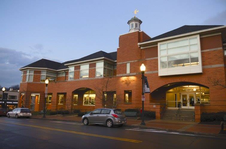 Schlow Centre Region Library building in downtown State College at night