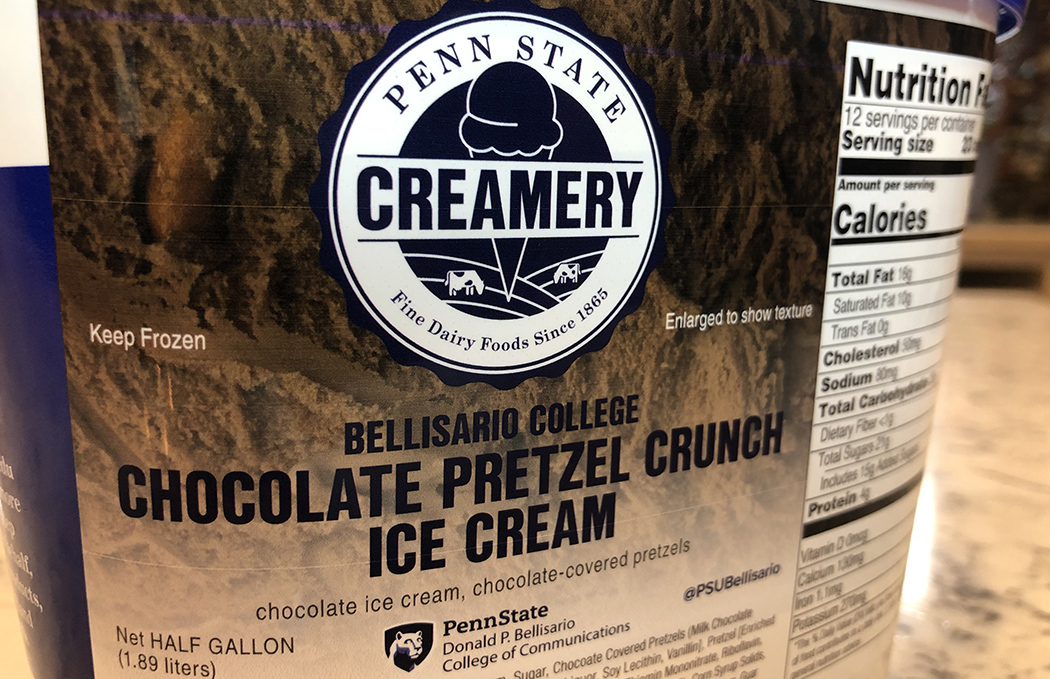 Creamery ice cream container for Bellisario College Chocolate Pretzel Crunch