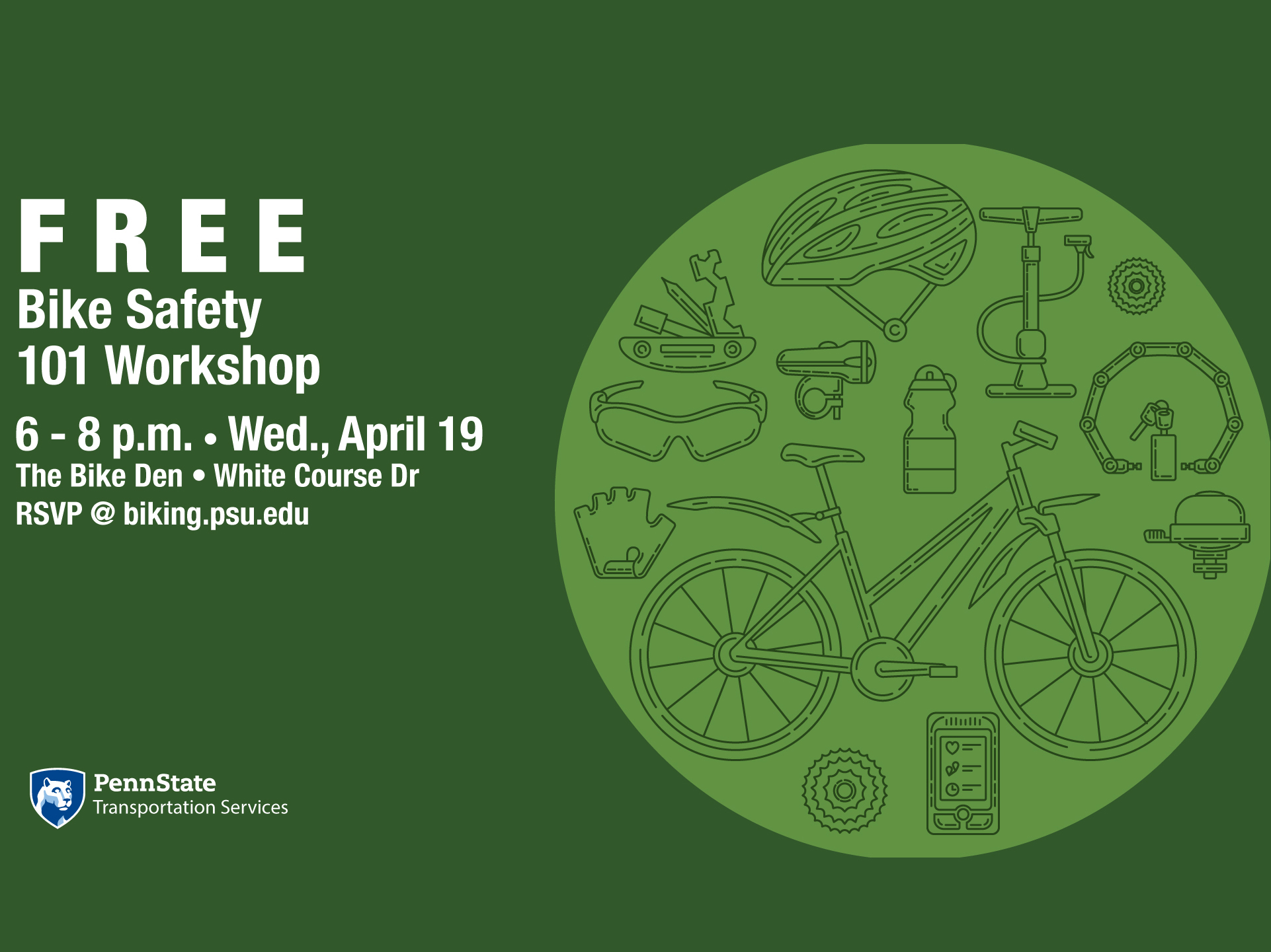 A green graphic that includes illustrations of a bike, lock, helmet, air pump, gloves, safety glasses, water bottle, etc.