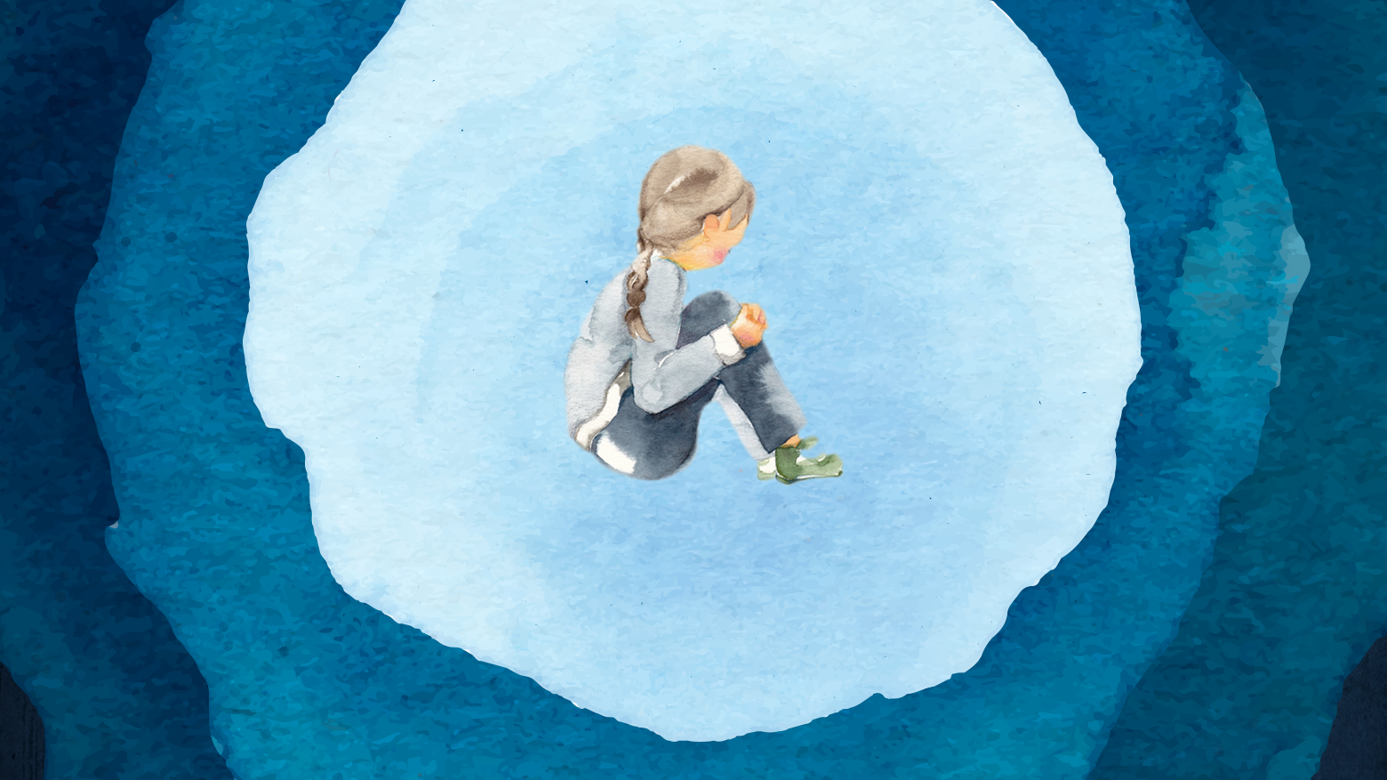 Watercolor image of lonely or hurt child on blue background