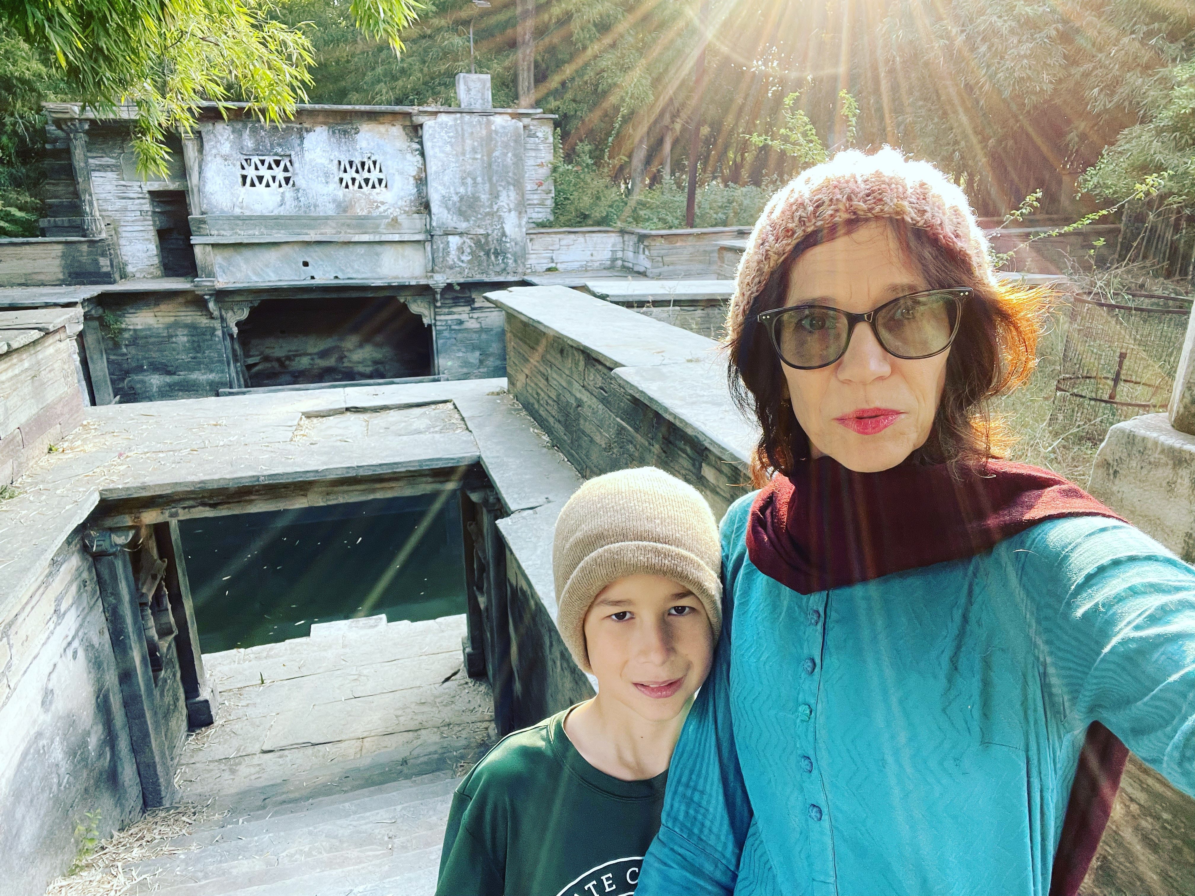 Elizabeth Kadetsky and son pictured at Indian temple 