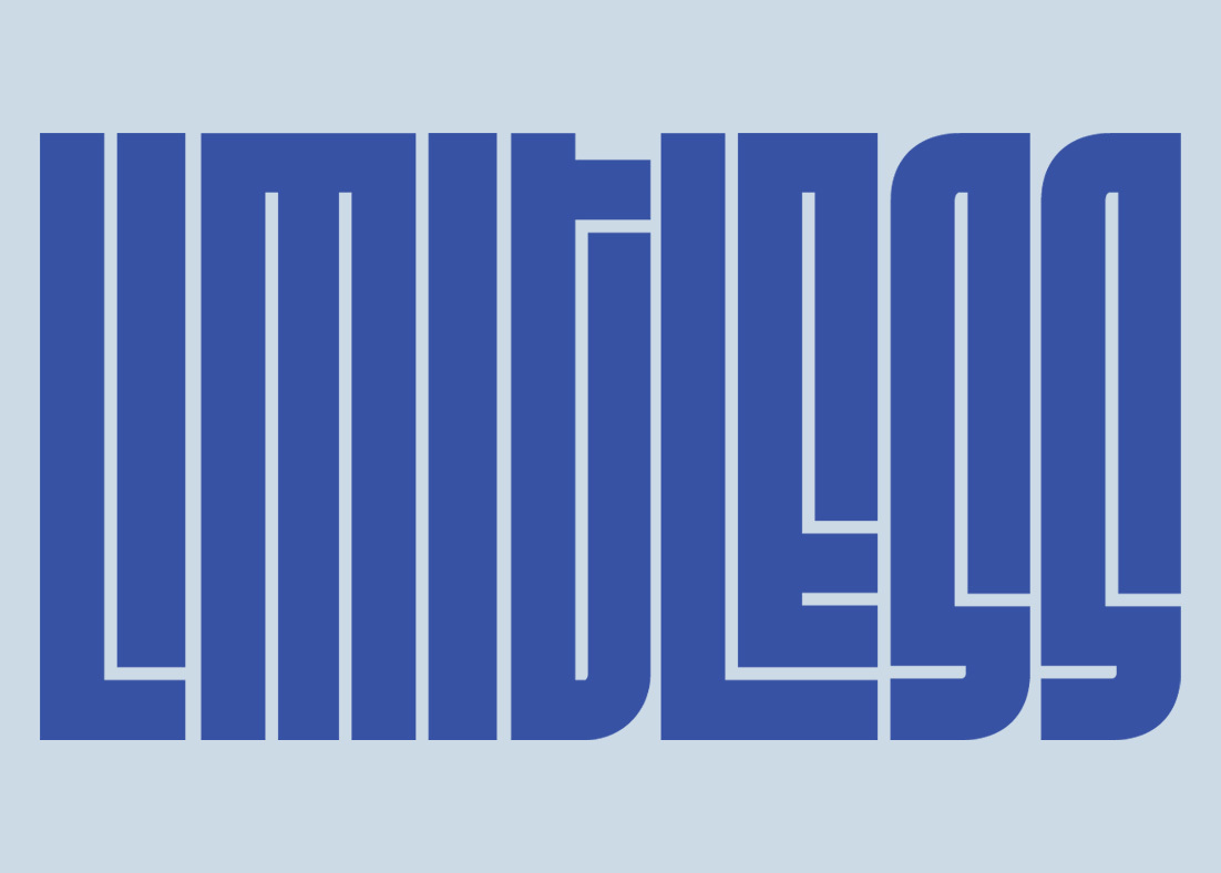 A wordmark for the Limitless exhibition featuring the word Limitless in dark blue print on a light blue background.