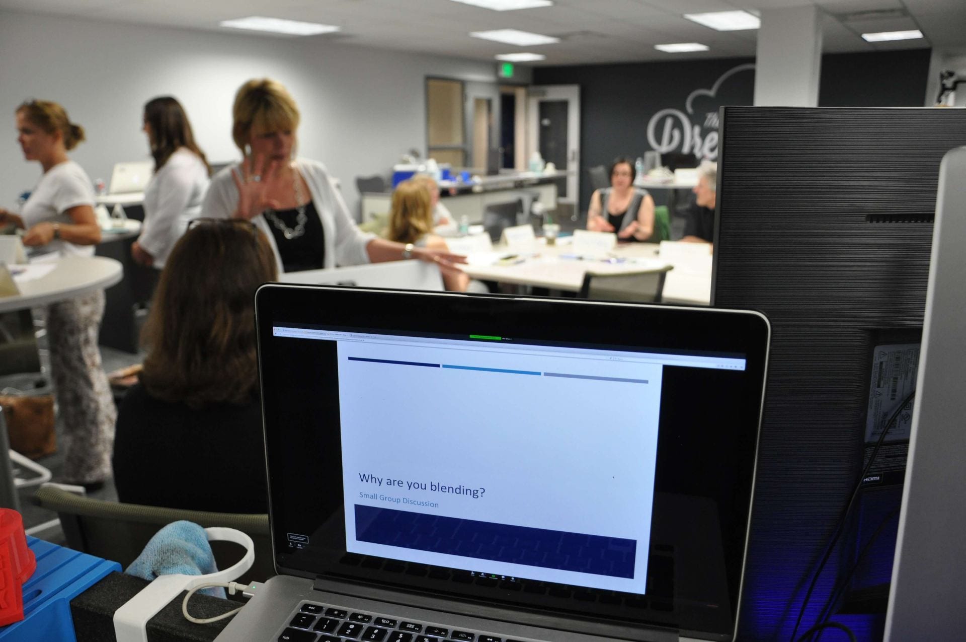 Recent participants in a BlendLT workshop collaborate during a face-to-face session in the TLT Dreamery at the Shields Building. 