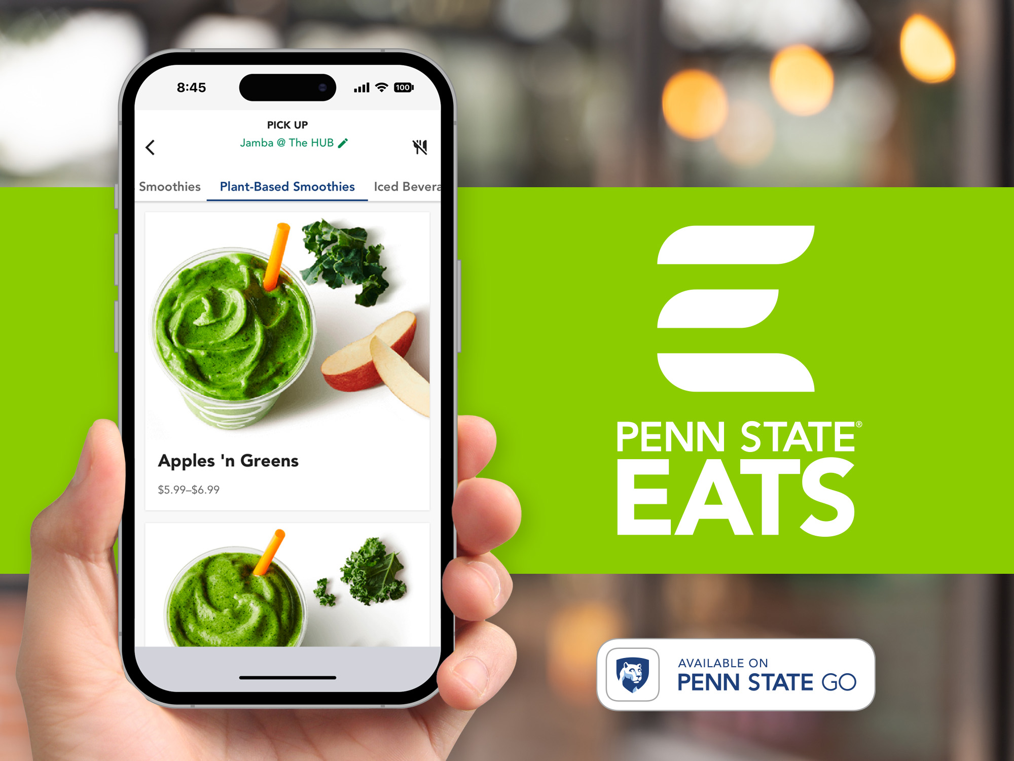 A hand holding a mobile device showing smoothies at Jamba Juice that can be ordered through Penn State Eats Mobile in the Penn State Go app. 