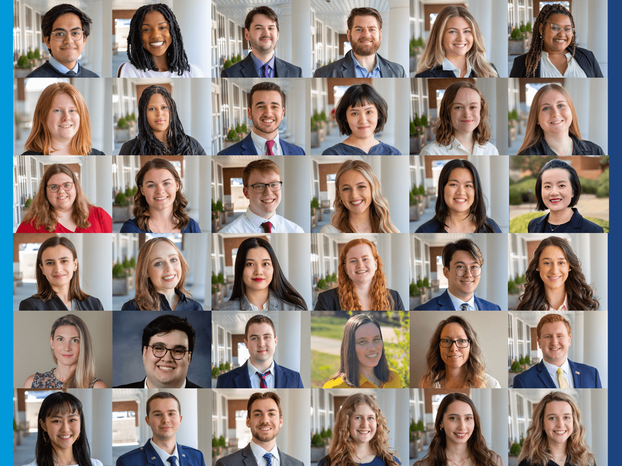 Headshots of the 36 Liberal Arts major marshals selected to represent the College of the Liberal Arts at spring 2023 commencement