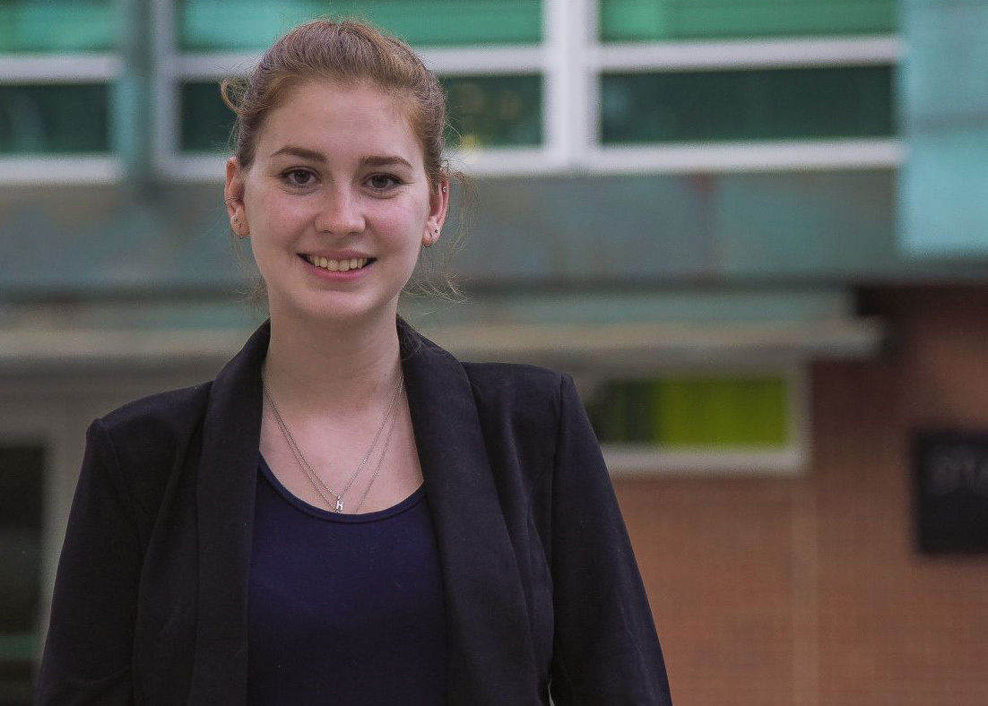 Holly Zimmerman in front of the Stuckeman Family Building.