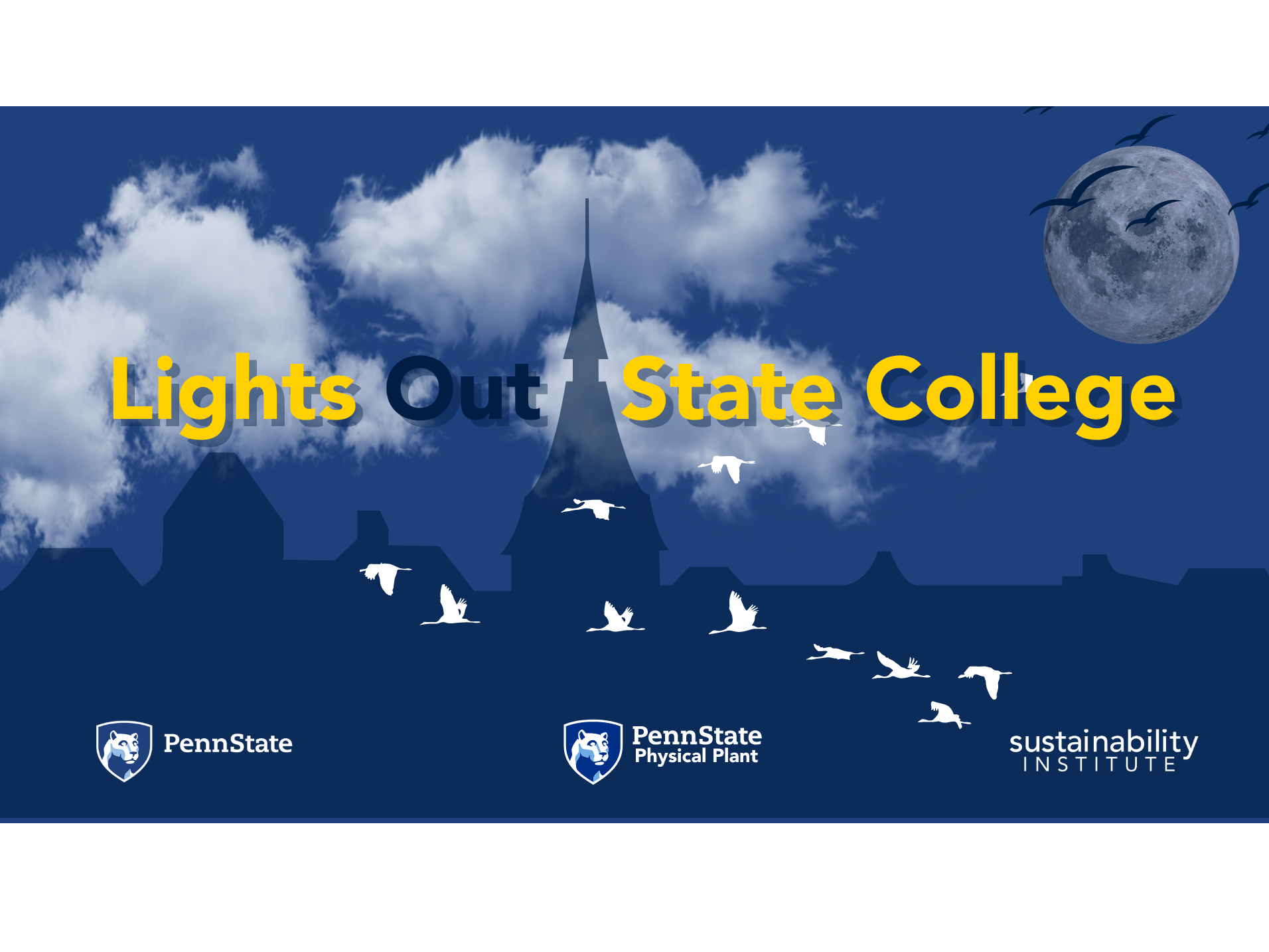 Lights Out State College graphic with moon in night time sky