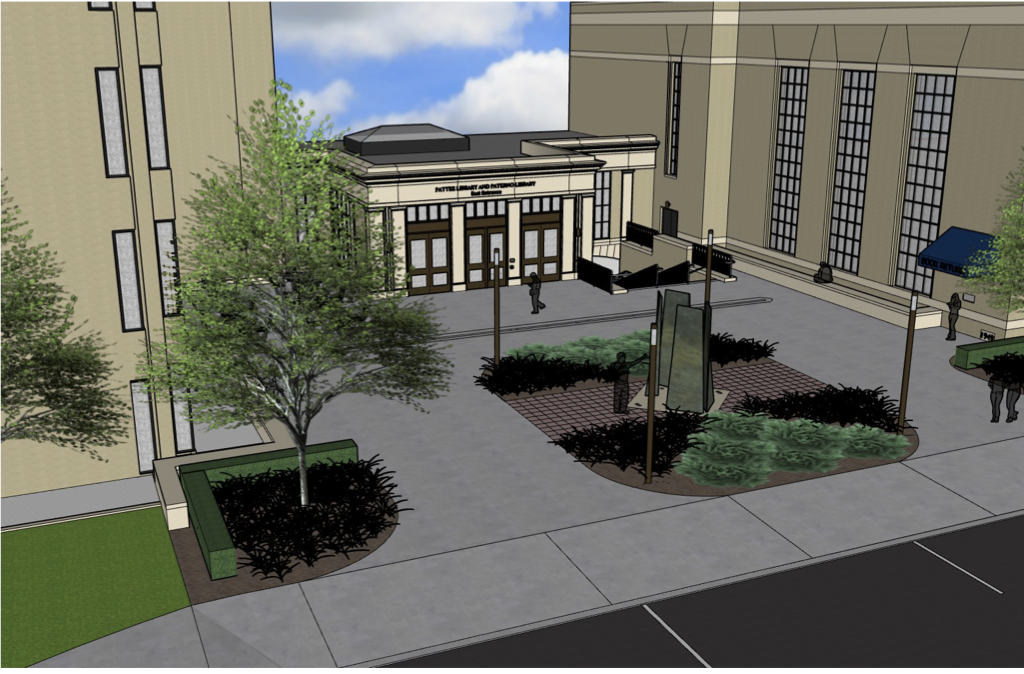 completed construction project rendering showing new sidewalk, moved sculpture, new landscaping