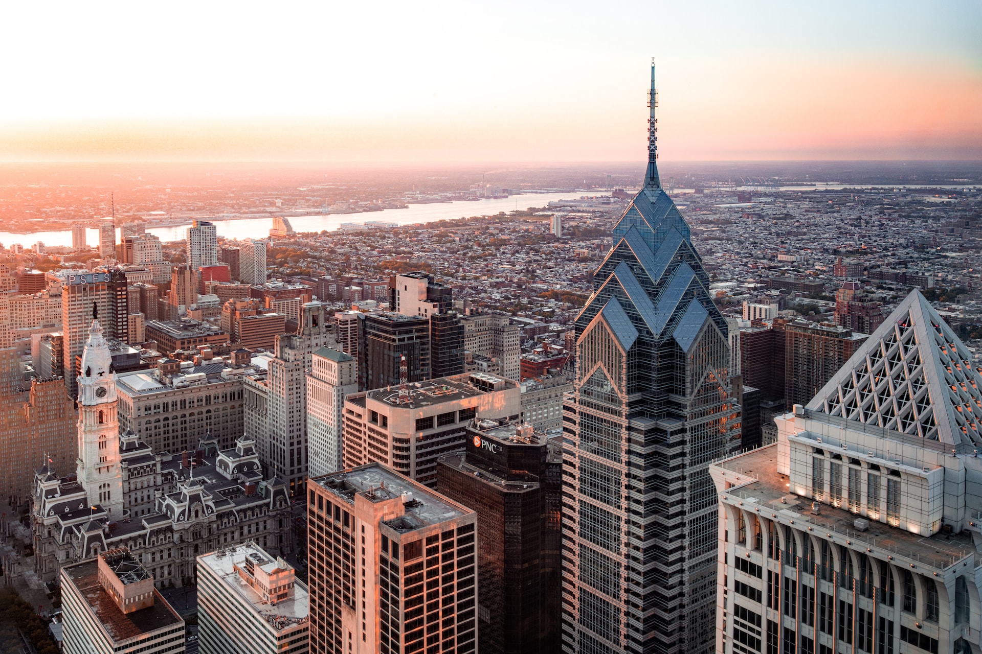 Aerial view of skyscrapers in Philadelphia, PA