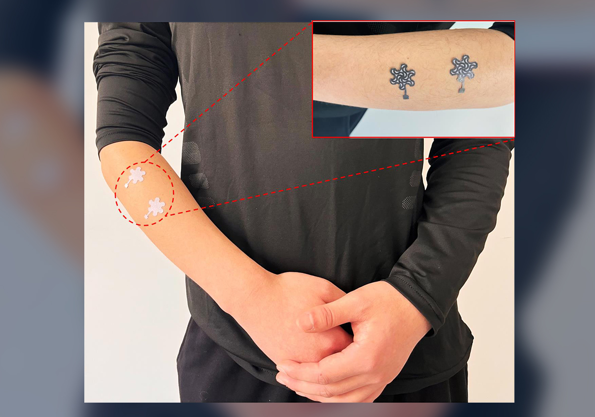 Two sensors on a forearm, with a smaller image showing the sensors up close