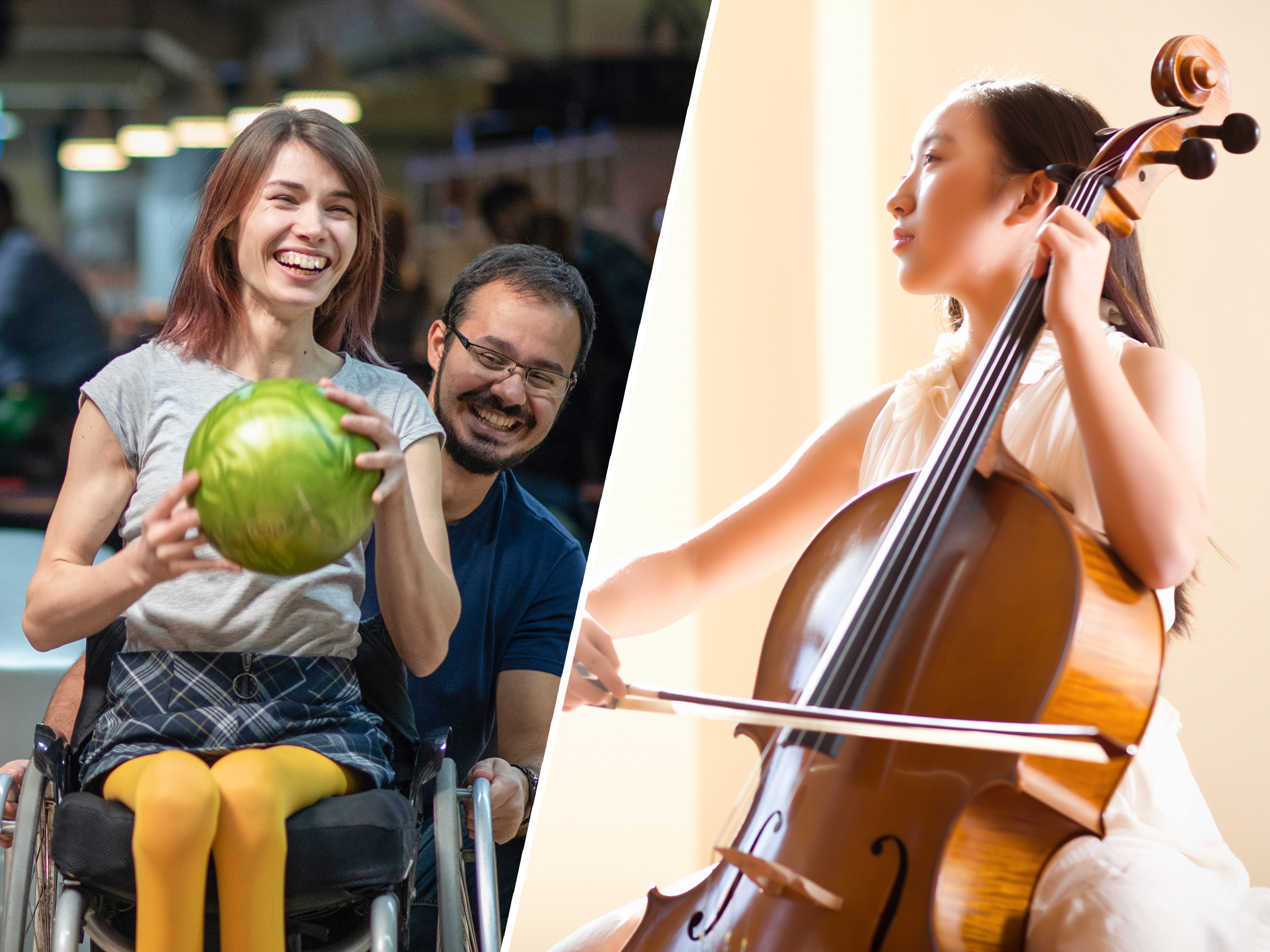 A woman in a wheelchair bowls with assistance from a smiling man. In another image, a young woman plays the cello. 