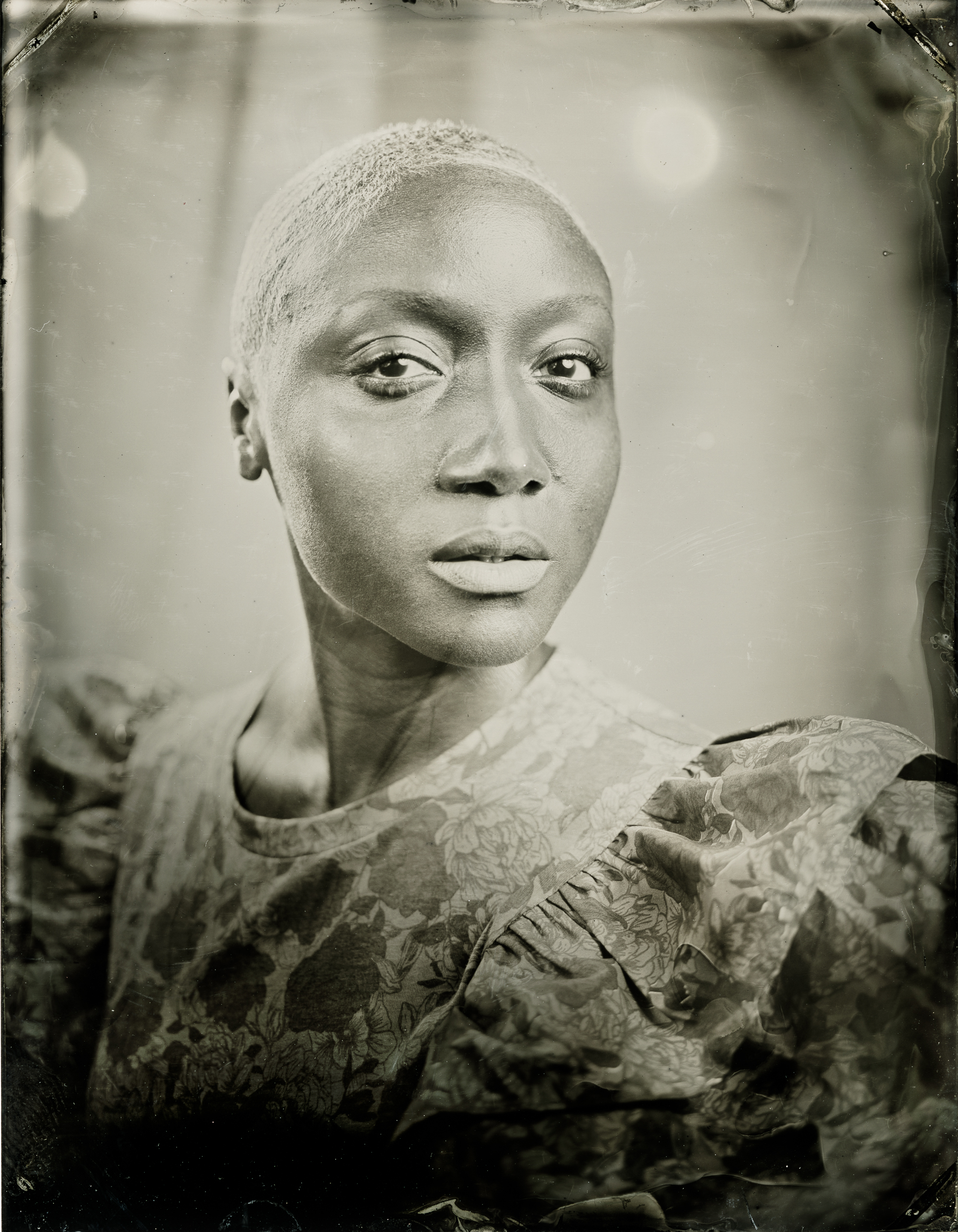 A black and white tintype photo of a person, titled Shannon, by artist Elana Volkova