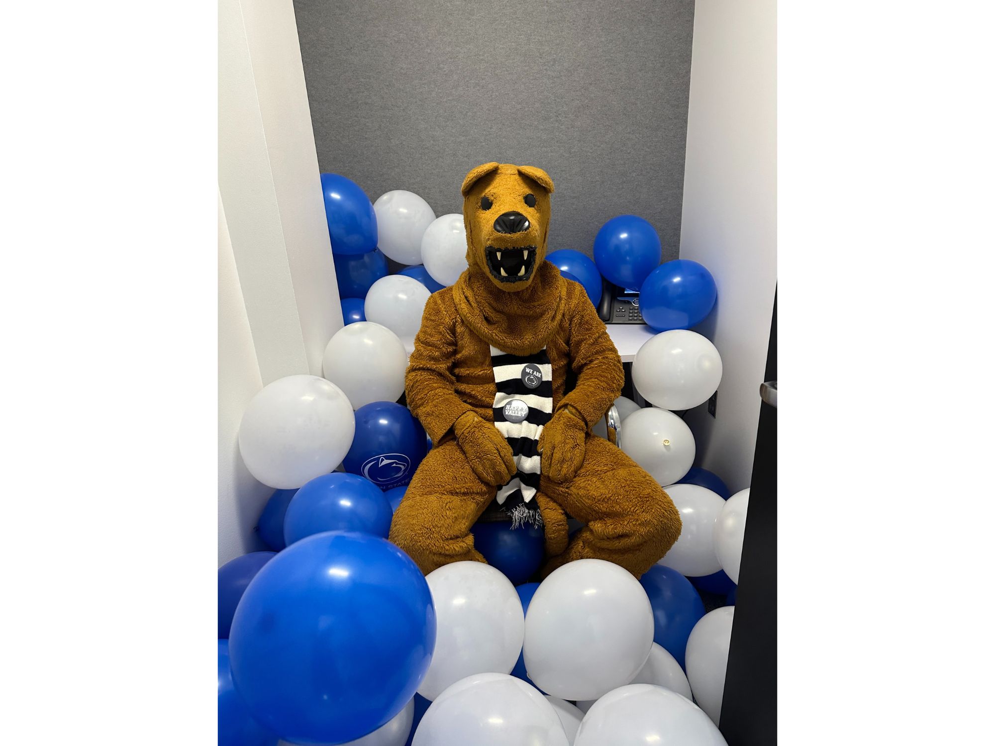 The Nittany Lion sits in the middle of a bunch of blue and white balloons