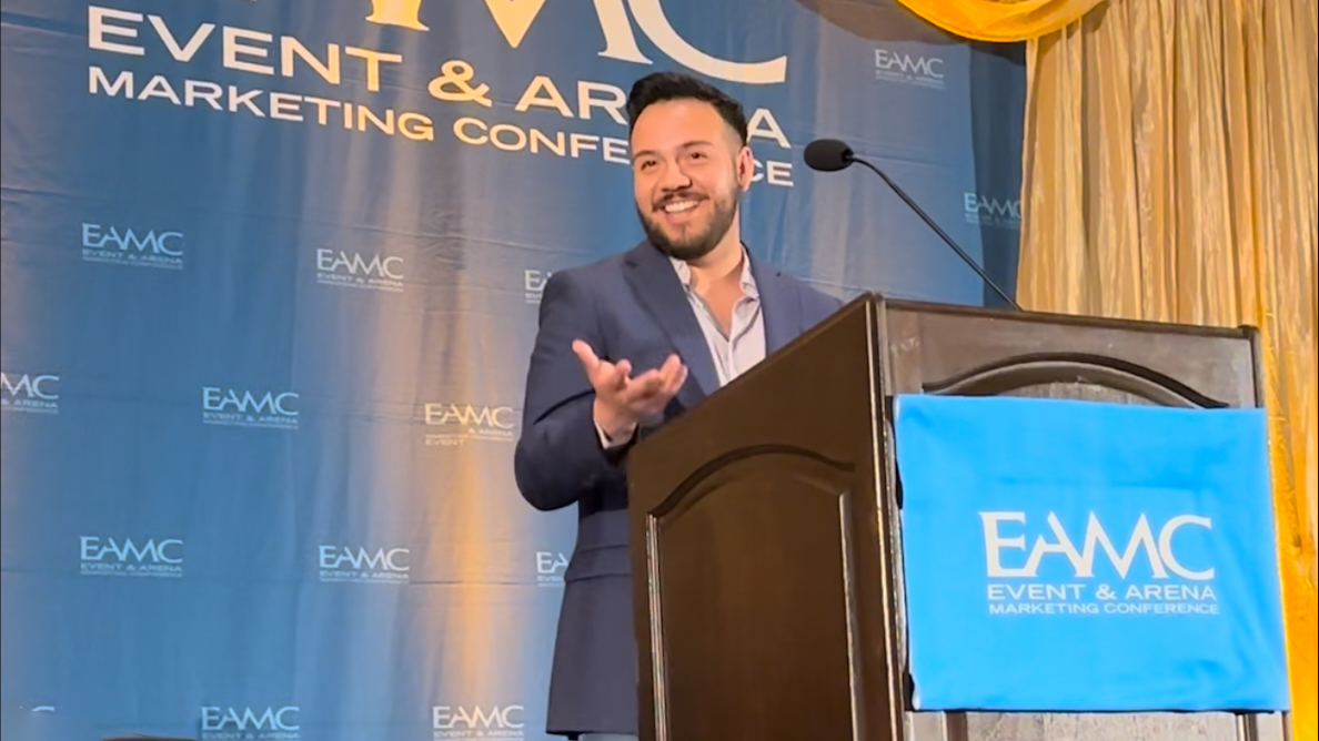 Samuel Guerrero makes acceptance speech at Event and Arena Marketing Conference in 2023