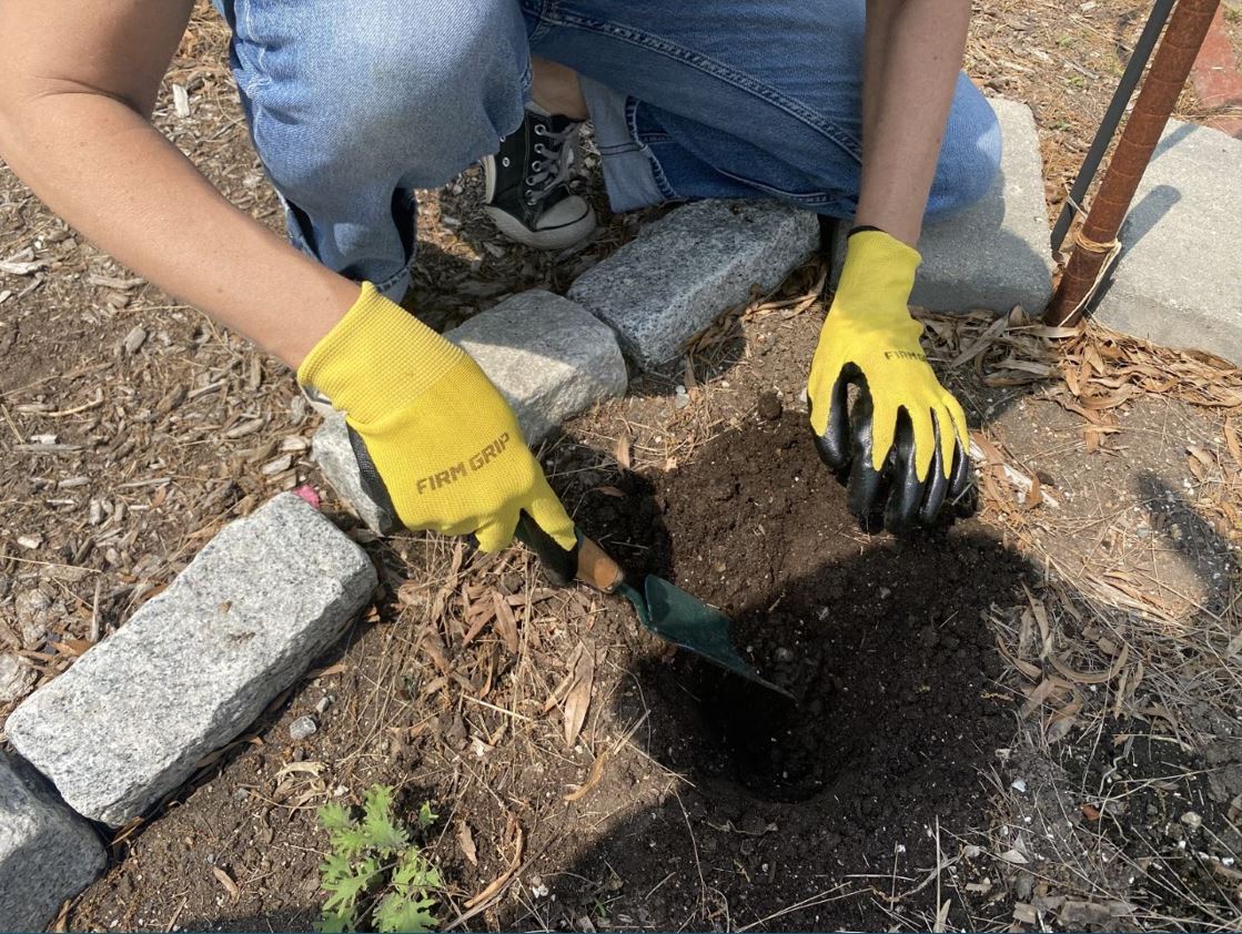 yellow gloves digging urban garden